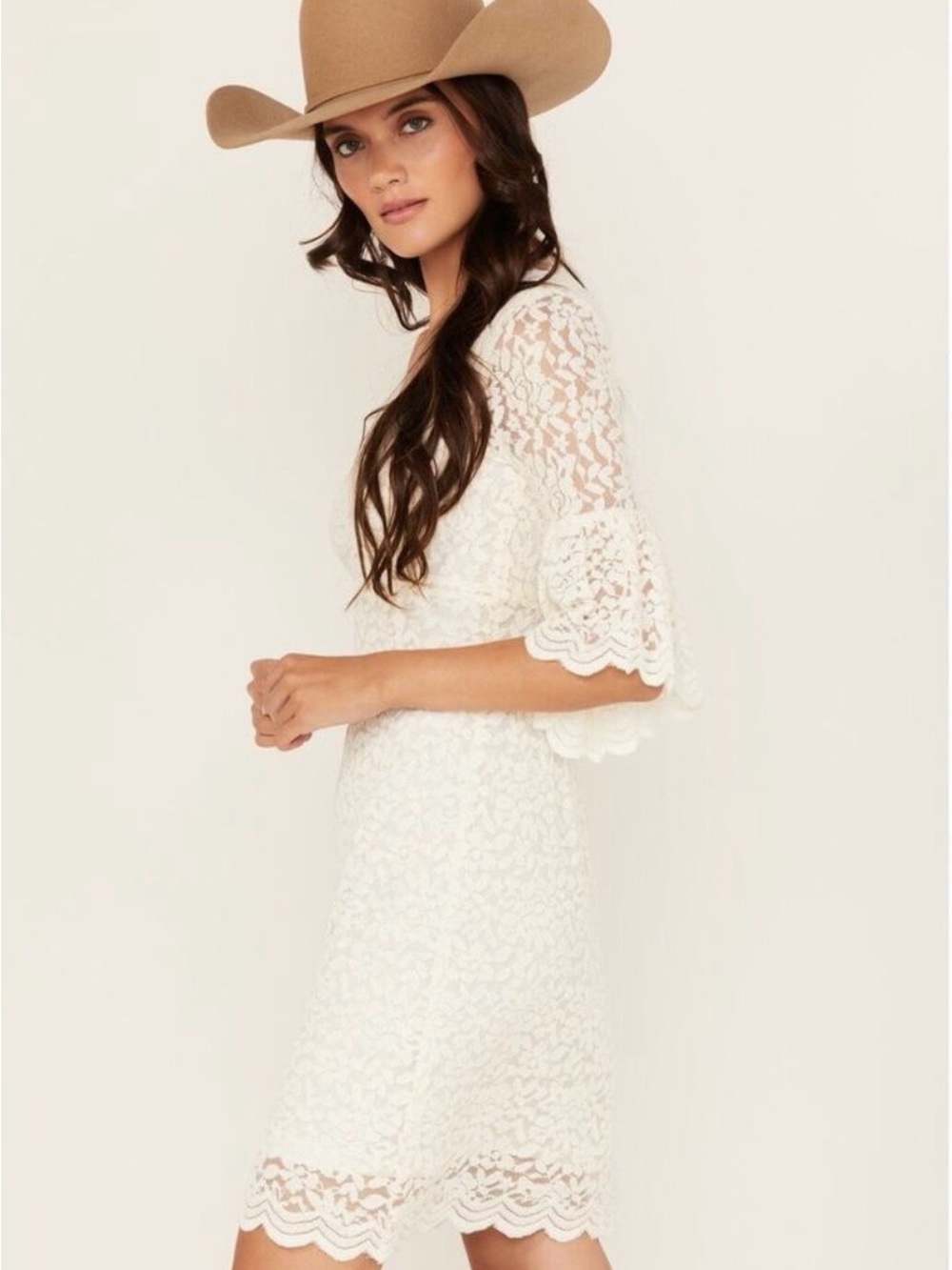 Shyanne Western Lace Mini Dress Romantic Boho Festival Sheer Bell Sleeve Fairy M - Picture 8 of 13